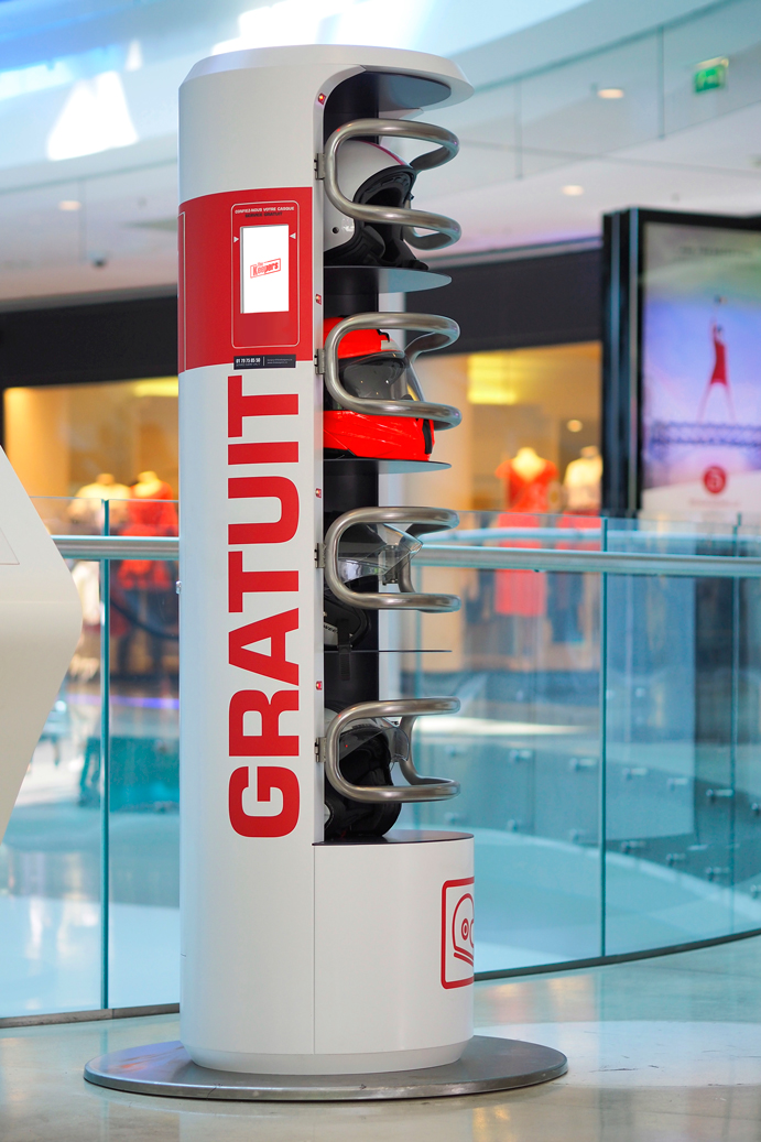 Designer lockers for motorcycle helmets in large stores